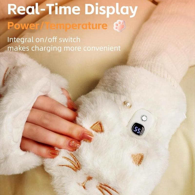 Cute Cat Design Electric Heated Gloves, 2000mAh Battery Fingerless Plush Cat Winter Heating Warming Gloves, Household Gloves for Women Girls