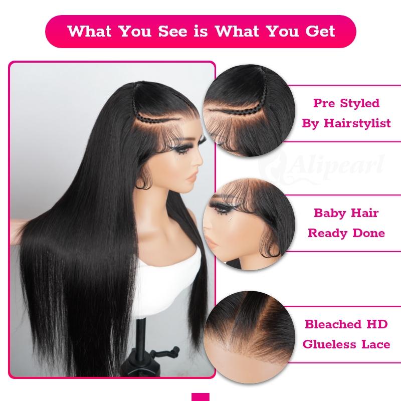 Alipearl Hair Pre Braided Wig Stylist Pre Cut Ready To Go Glueless Straight 13x6 Lace Human Hair Lace Frontal Wig Half Up and Down Bob Wigs Pre Styled