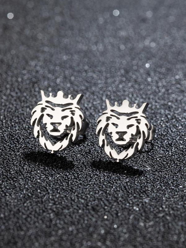 Lion Design Stud Earrings (1 Pair), Fashion Personality Stainless Steel Hollow Crown Lion Animal Stud Earrings for Men Women, Punk Charms Hypoallergenic Jewelry