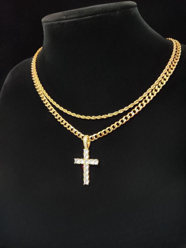 2024 Hip Hop Twist Chain Necklace & Rhinestone Cross Pendant Necklace, Birthday Gift for Bestie, Stainless Steel Matching Necklace Jewelry, Back To School Accessories, Fall Outfits, Fall Freshness Streetwear Mascs