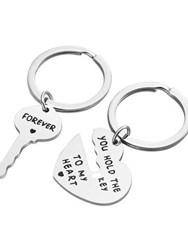 Heart Shaped Key Design Keychain, 2pcs set Stainless Steel Keychain for Men & Women, Bag Charm, Creative Couple Gift, Anniversary Gift, Birthday Gift