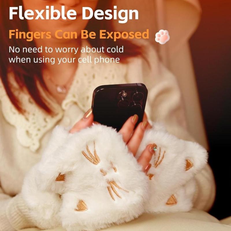 Cute Cat Design Electric Heated Gloves, 2000mAh Battery Fingerless Plush Cat Winter Heating Warming Gloves, Household Gloves for Women Girls