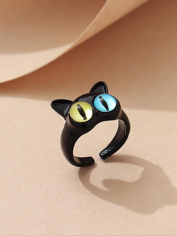 Cute Cartoon Cat Shaped Design Cuff Ring, Creative Animal Eye Decor Zinc Alloy Ring for Women, Fashion Accessories for Party, Elegant All-match Fashion Accessories for Daily Wear