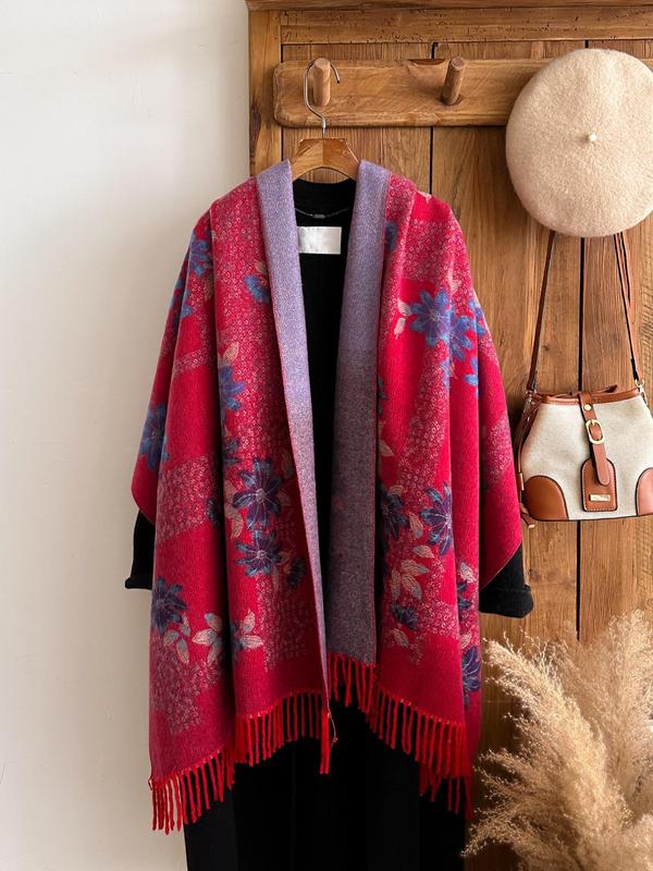 Women's Boho Style Floral Print Tassel Decor Shawl, Casual Warm Long Scarf for Fall & Winter, Fashion Accessories for Women & Girls