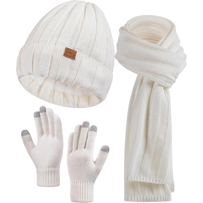 Womens Winter Beanie Warm Knit Hat Long Neck Scarf Touchscreen Gloves Set with Fleece Lined Skull Caps Gifts for Women Men