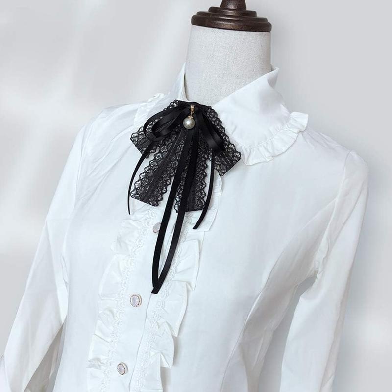 Black lace Bow Tie Brooches for Girl Women Fashion jabot collar brooch pins Pre-Tied Neck Tie Shirt Corsage Neck Tie-Thanksgiving Gifts Christmas Gifts-JM