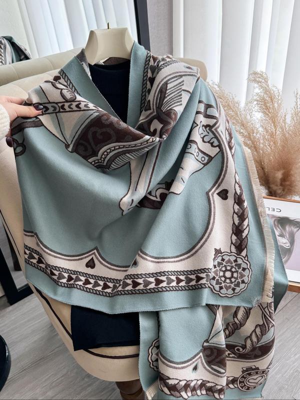 Double Sided Horse Print Tassel Decor Shawl, Casual Soft Warm Long Scarf for Fall & Winter, Fashion Accessories for Women & Men