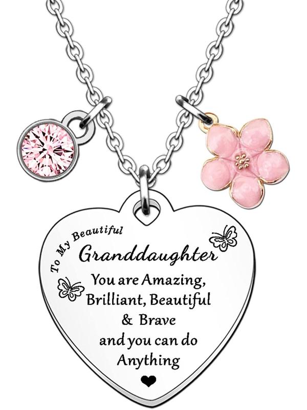 Cute Heart Shaped Pendant Necklace with Rhinestones & Flower Decor, Fashion Jewelry Accessories for Granddaughter As Gift