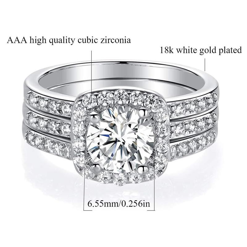 GEMSME 1.5 CT Round Cut Classic  Three-in-One 3 Pieces Set Halo Wedding Engagement Set Promise Eternity Ring for Women R-0969