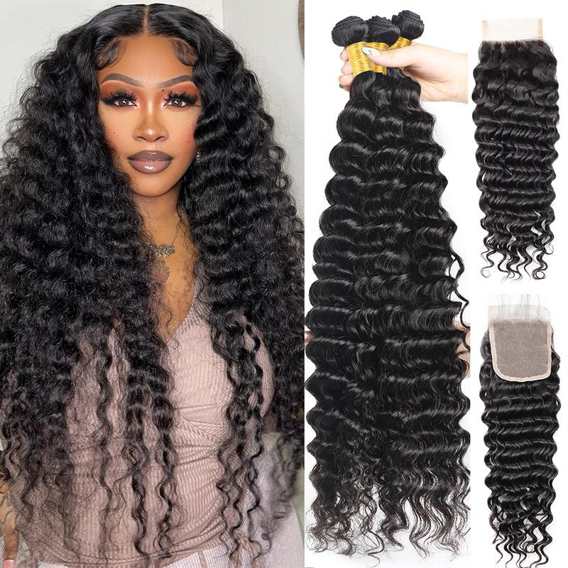 Brazilian Deep Wave Bundles with Closure Human Hair Bundles with 4x4 Lace Closure Unprocessed Virgin Human Hair 3 4 Bundles with Closure