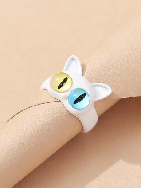 Cute Cartoon Cat Shaped Design Cuff Ring, Creative Animal Eye Decor Zinc Alloy Ring for Women, Fashion Accessories for Party, Elegant All-match Fashion Accessories for Daily Wear