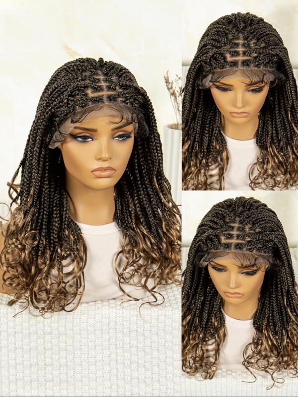 20 Inch Black & Brown Long Braided Lace Wigs for Women, Heat Resistant Gorgeous Fluffy Wigs with Baby Hair Bangs, Synthetic Wigs for Party, Daily Use