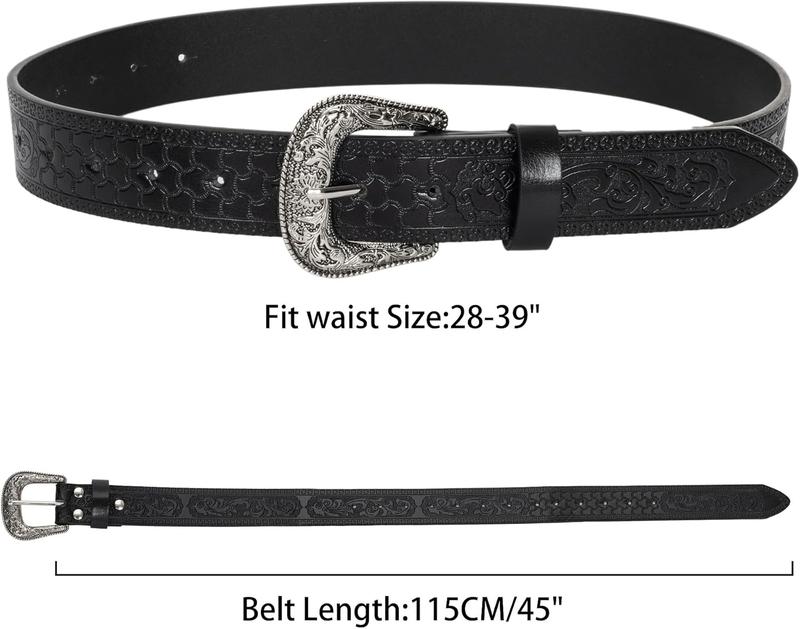 Vintage Western-Cowboy-Belt for Women Men - Carved Buckle PU Leather Waist Belts (for Waist 28