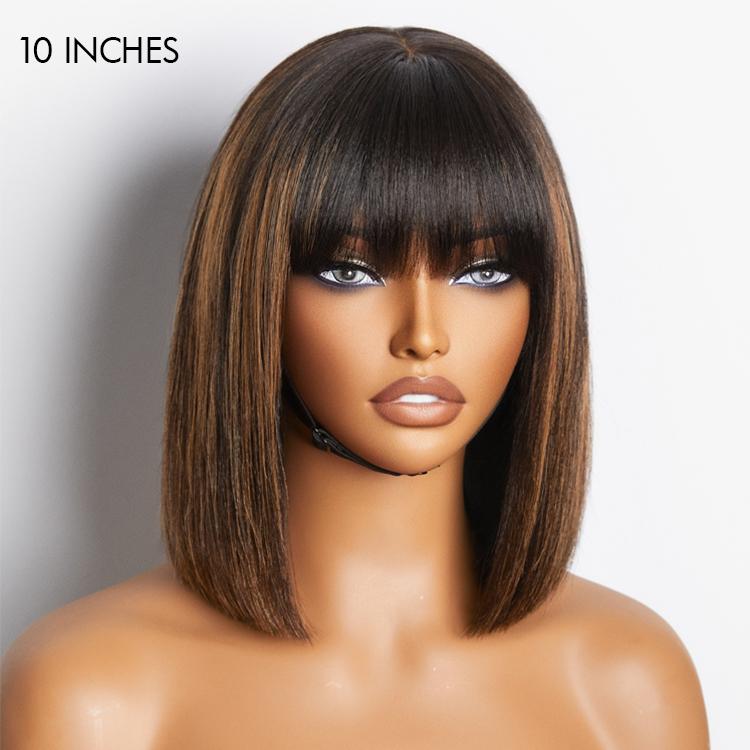 LUVME Put On And Go Realistic Glueless Yaki Straight Bob With Bangs Minimalist Undetectable HD Lace Wig