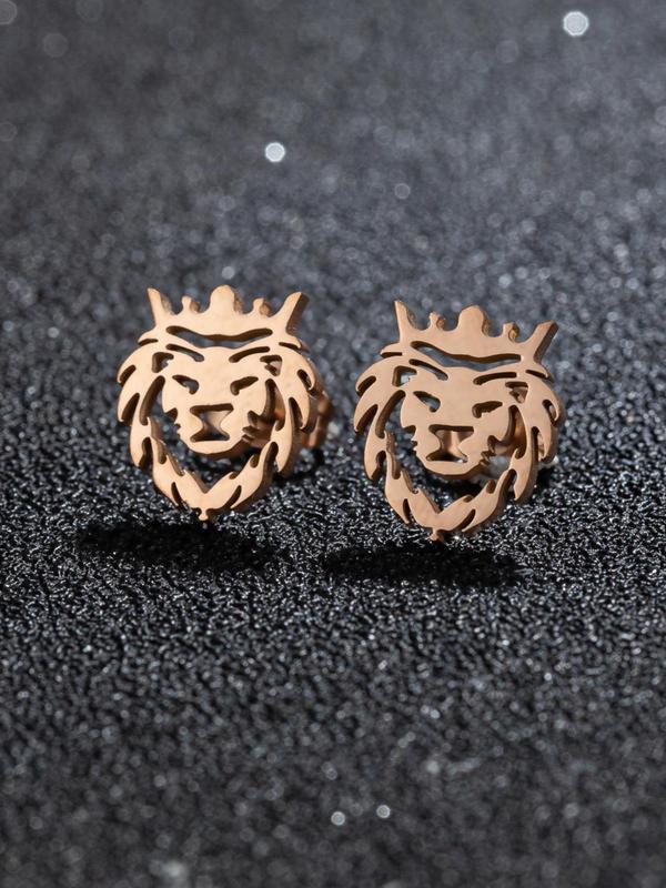 Lion Design Stud Earrings (1 Pair), Fashion Personality Stainless Steel Hollow Crown Lion Animal Stud Earrings for Men Women, Punk Charms Hypoallergenic Jewelry