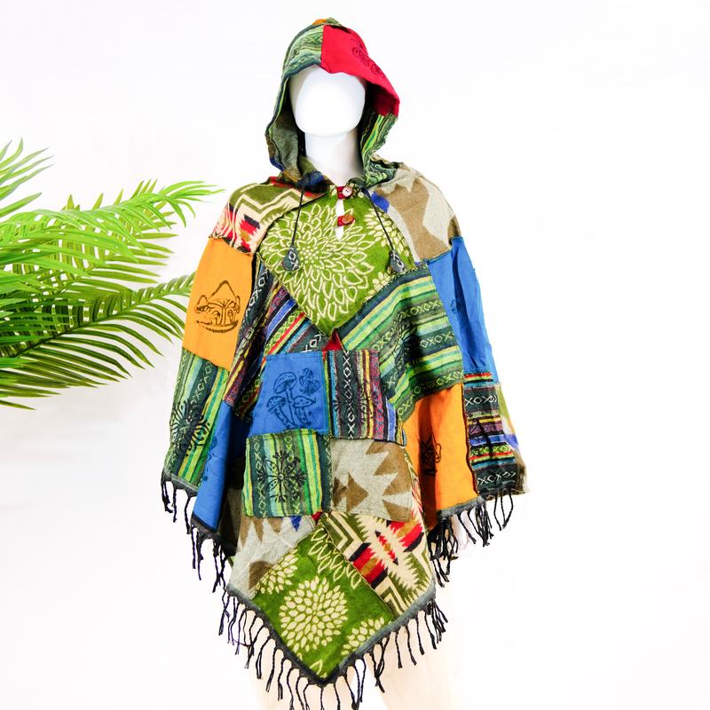 Patchwork Boho Style Warm Unisex Ponchos, Fall Winter Handwoven Pullover, Oversized Men Women Colorful Boho Wraps, Retro Style Sweater with Hoodie