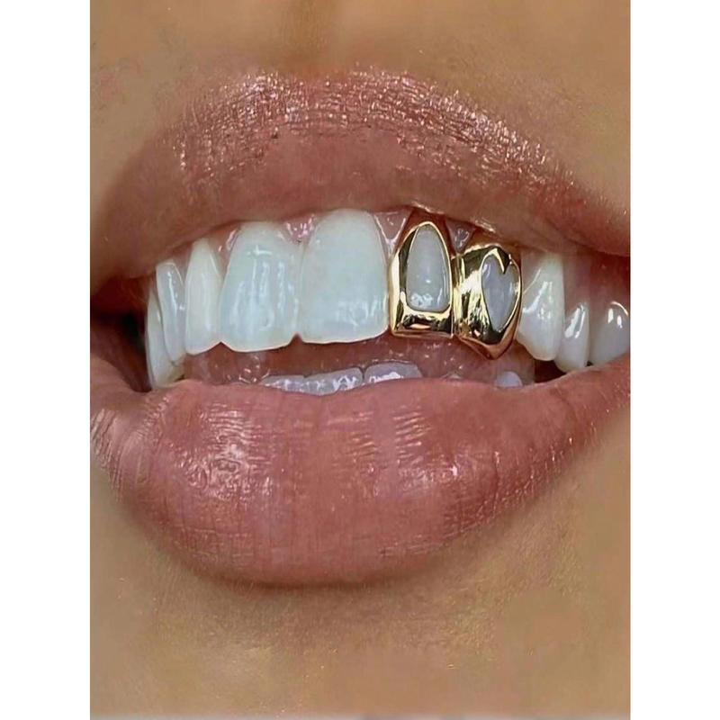 Fashion New Style Hollow Golden Side Tooth Decor Niche Design Double Hollow Heart Shaped Teeth Decor Hip Hop Punk Style for Women, Music Festival, Party, Holiday, Couples Gift