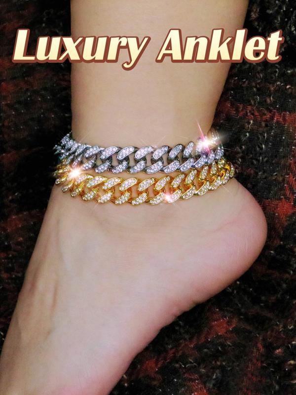 Punk Style Rhinestone Decorated Cuban Link Anklet Bracelet, Fashion Jewelry for Party, Daily Decor, Trendy All-match & Exquisite Jewelry for Birthday Gift