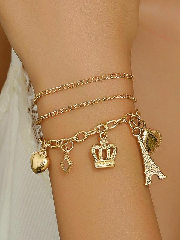 Unique Rhinestone Decorated Layered Design Charm Anklet, with Heart & Shell & Crown & Heel & Tower Charm Decor, Exquisite Trendy Layered Chain Anklet for Beach, Travel, Daily Clothing Decoration, Fashionable Body Jewelry for Women & Girls