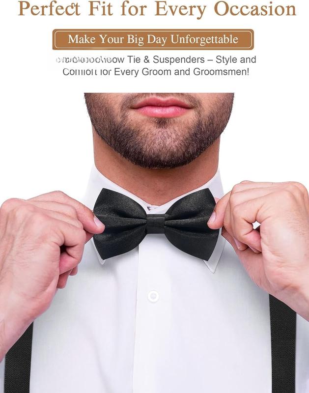 Premium Mens Bow Tie and Suspenders Set: Solid Y- Suspender and Self-tie Bowtie - Costume Weddings