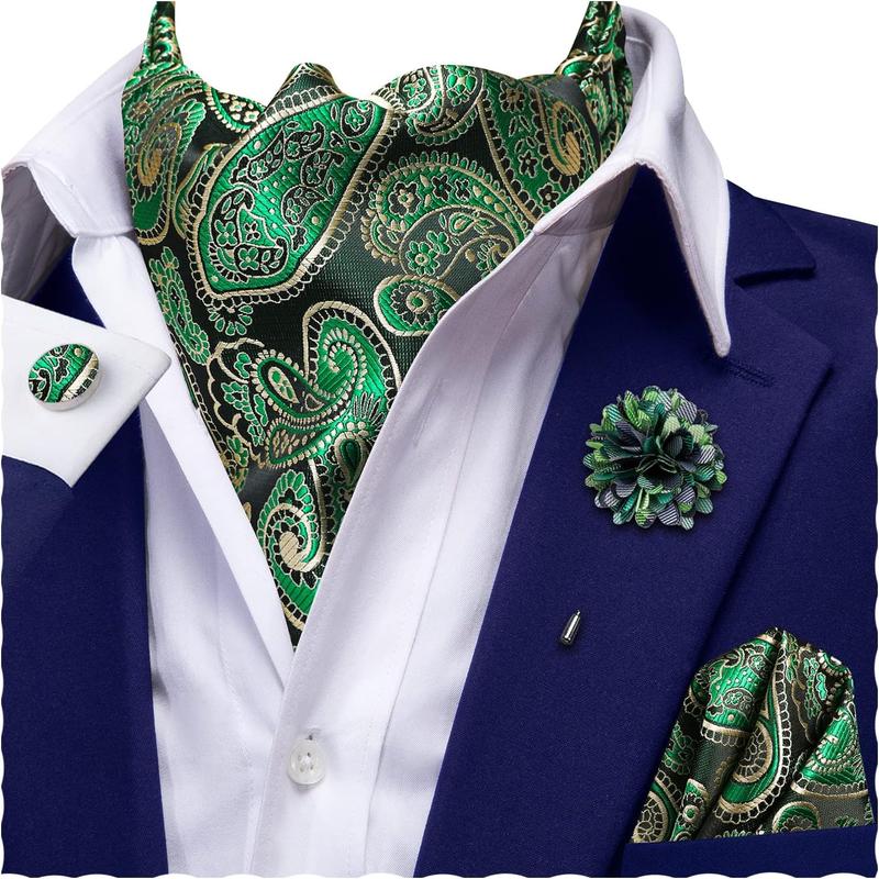 Ascot and Lapel Pin Set Mens Cravat Wedding Scarf Tie Party Business Formal