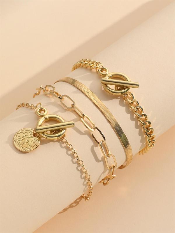 4pcs Set Simple Vintage Round Buckle Charm Alloy Chain Bracelet, Women's Fashion Casual Versatile Jewelry Accessories