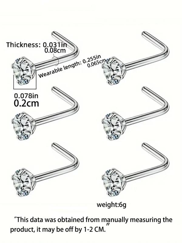 Rhinestone Decorated Nose Studs, 6pcs L Shaped Piercing Nose Rings, Stainless Steel Nose Studs, Body Piercing Jewelry for Women & Men