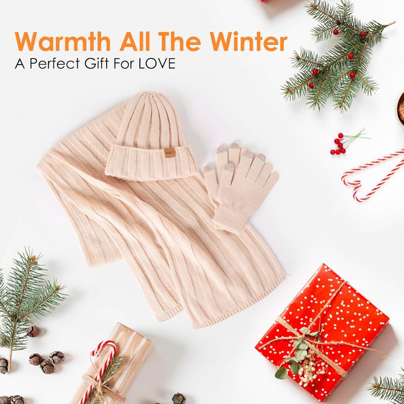 Womens Winter Beanie Warm Knit Hat Long Neck Scarf Touchscreen Gloves Set with Fleece Lined Skull Caps Gifts for Women Men