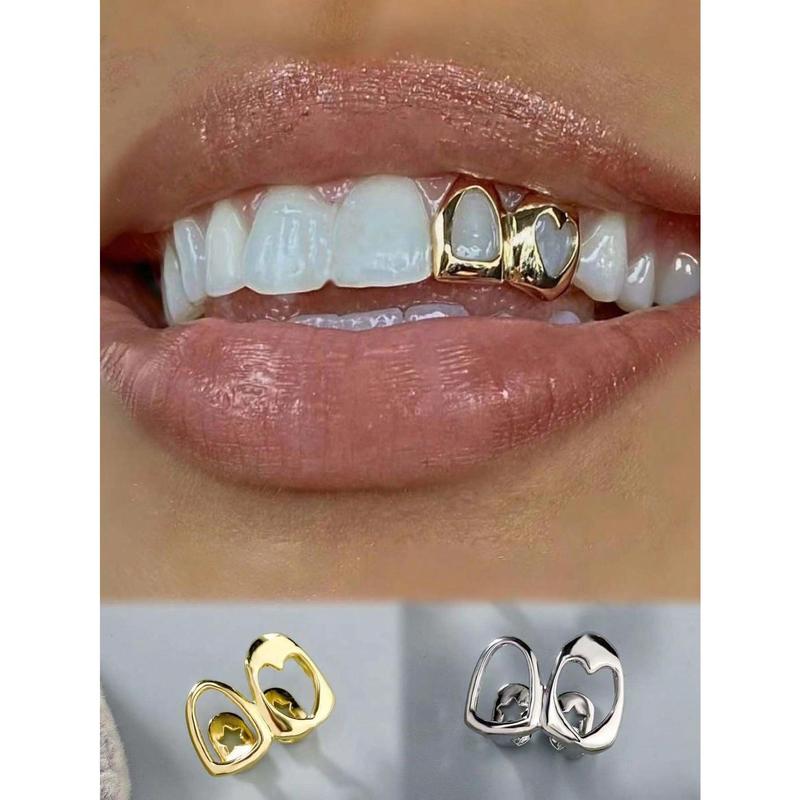 Fashion New Style Hollow Golden Side Tooth Decor Niche Design Double Hollow Heart Shaped Teeth Decor Hip Hop Punk Style for Women, Music Festival, Party, Holiday, Couples Gift