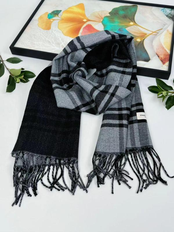 Vintage Plaid Pattern Fringe Trim Design Scarf, Elegant Soft Warm Shawl for Women & Men, Fashion Accessories for Daily Wear