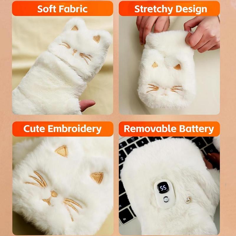 Cute Cat Design Electric Heated Gloves, 2000mAh Battery Fingerless Plush Cat Winter Heating Warming Gloves, Household Gloves for Women Girls