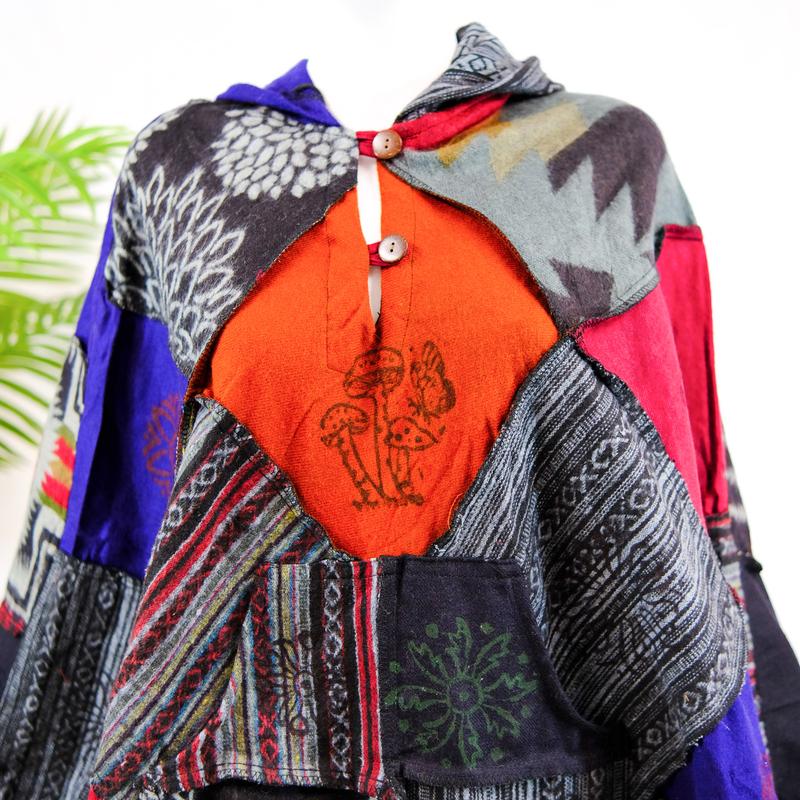 Patchwork Boho Style Warm Unisex Ponchos, Fall Winter Handwoven Pullover, Oversized Men Women Colorful Boho Wraps, Retro Style Sweater with Hoodie