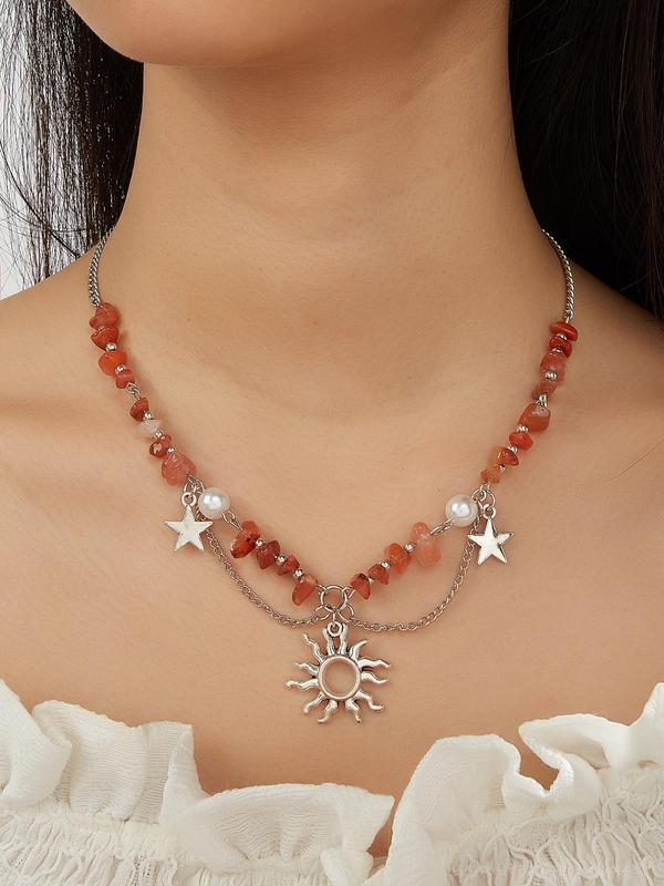 Faux Pearl Decorated Star Design Pendant Necklace for Women, Fashion Solid Color Stone Decor Sun Pendant Necklace, Trendy Jewelry Gift for Party, Daily Clothing Decor for Girl