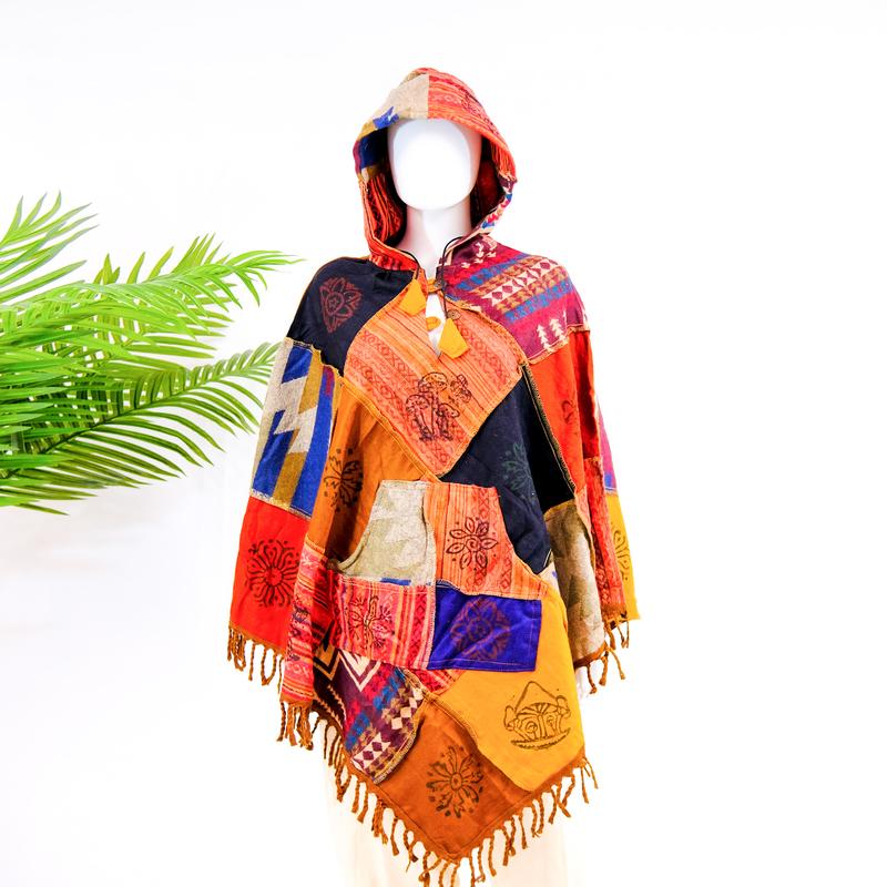 Patchwork Boho Style Warm Unisex Ponchos, Fall Winter Handwoven Pullover, Oversized Men Women Colorful Boho Wraps, Retro Style Sweater with Hoodie