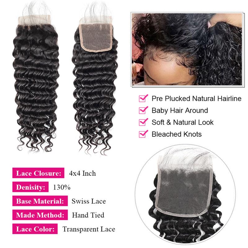 Brazilian Deep Wave Bundles with Closure Human Hair Bundles with 4x4 Lace Closure Unprocessed Virgin Human Hair 3 4 Bundles with Closure