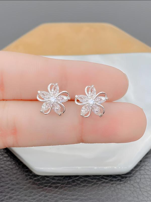 1 Pair Minimalist Elegant Rhinestone Decor Flower Shaped Design Stud Earrings, Fashion Jewelry For Women