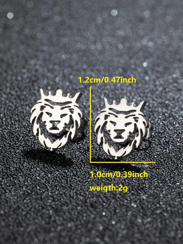 Lion Design Stud Earrings (1 Pair), Fashion Personality Stainless Steel Hollow Crown Lion Animal Stud Earrings for Men Women, Punk Charms Hypoallergenic Jewelry