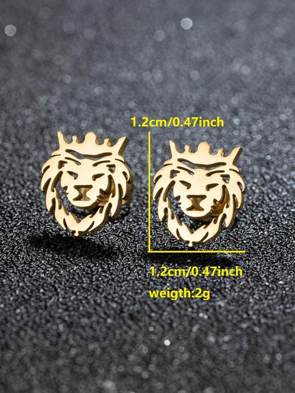 Lion Design Stud Earrings (1 Pair), Fashion Personality Stainless Steel Hollow Crown Lion Animal Stud Earrings for Men Women, Punk Charms Hypoallergenic Jewelry