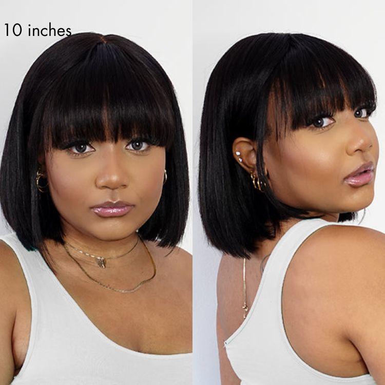 LUVME Put On And Go Realistic Glueless Yaki Straight Bob With Bangs Minimalist Undetectable HD Lace Wig