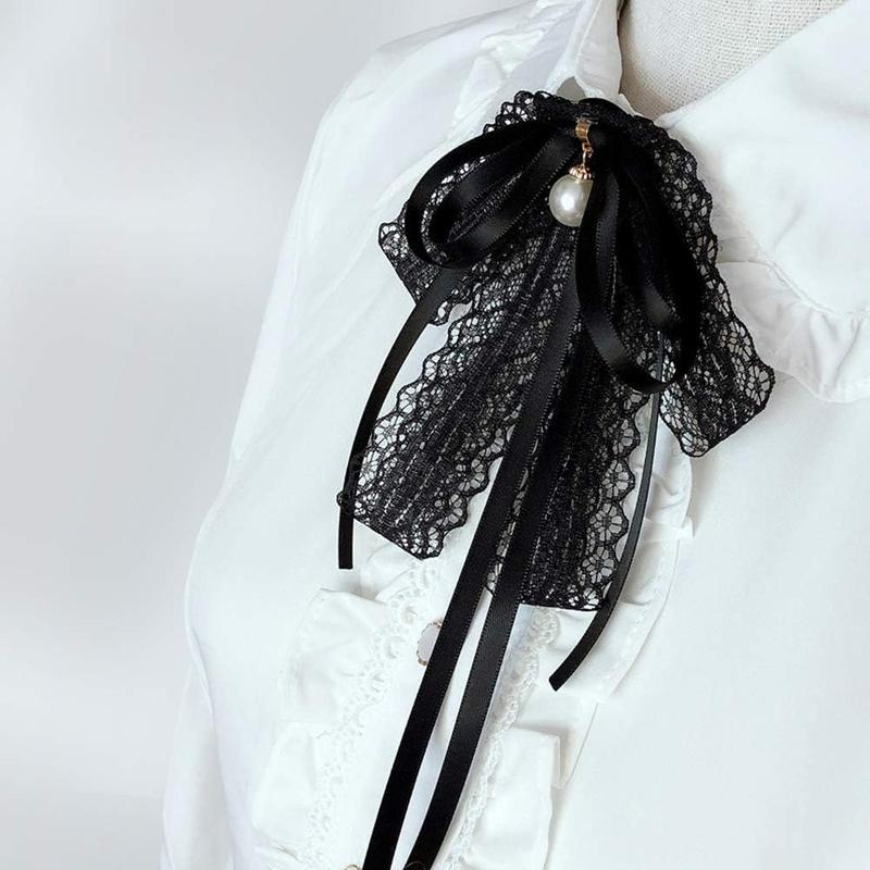 Black lace Bow Tie Brooches for Girl Women Fashion jabot collar brooch pins Pre-Tied Neck Tie Shirt Corsage Neck Tie-Thanksgiving Gifts Christmas Gifts-JM