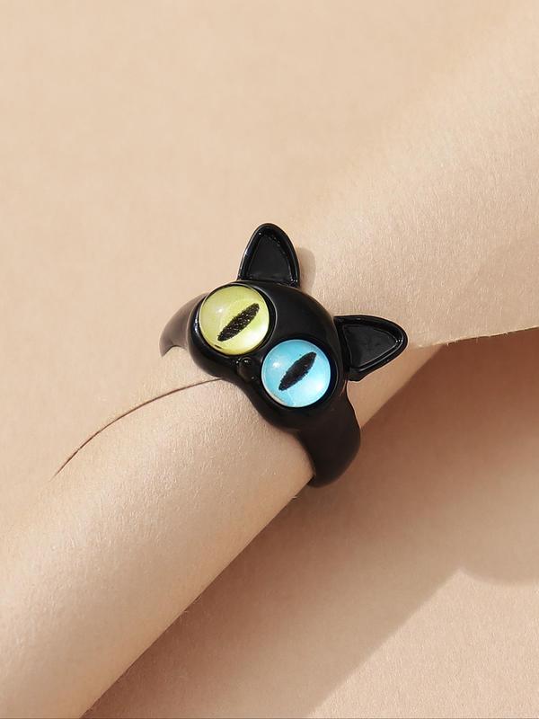 Cute Cartoon Cat Shaped Design Cuff Ring, Creative Animal Eye Decor Zinc Alloy Ring for Women, Fashion Accessories for Party, Elegant All-match Fashion Accessories for Daily Wear