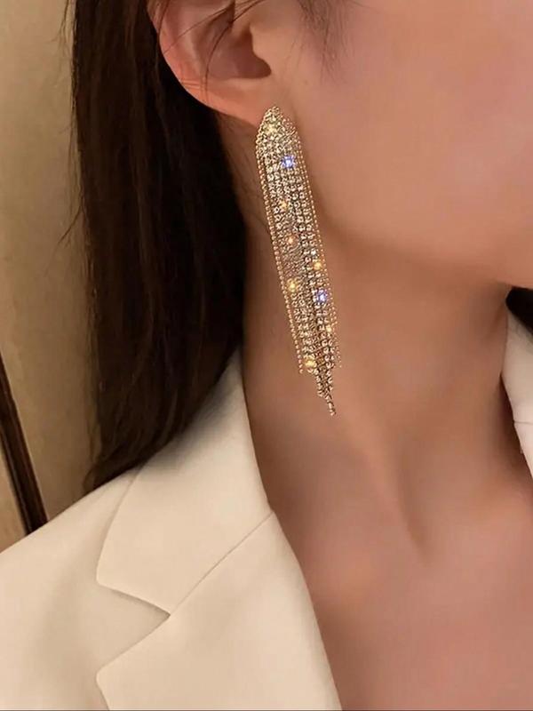 Rhinestone Decor Tassel Stud Earrings (1 Pair), Elegant Long Stud Earrings for Women, Party, Daily Clothing Decor, Trendy Jewelry for Birthday Gift