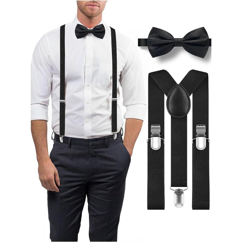 Premium Mens Bow Tie and Suspenders Set: Solid Y- Suspender and Self-tie Bowtie - Costume Weddings