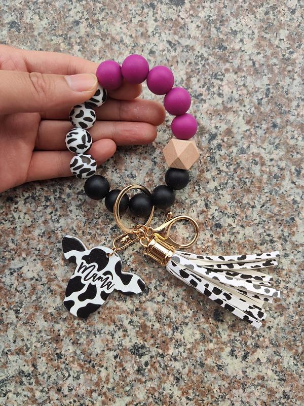 Fashion Colorblock Cow Pattern Tassel Design Beaded Keychain for Women for Gift, Trendy Car Keychain, Creative Clothes Cute Kawaii Accessories, Wristlet Keychain