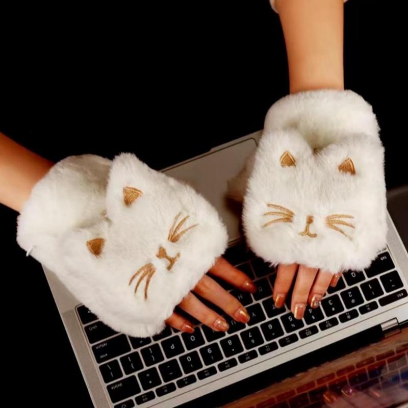 Cute Cat Design Electric Heated Gloves, 2000mAh Battery Fingerless Plush Cat Winter Heating Warming Gloves, Household Gloves for Women Girls