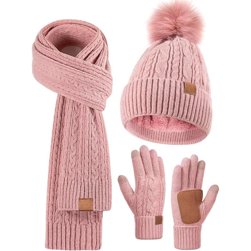 Winter Beanie Hat Scarf Gloves Set for Women, Pom Pom Beanie Fleece Lined Knit Neck Warmer Touchscreen Gloves 3 in 1 Gift Set