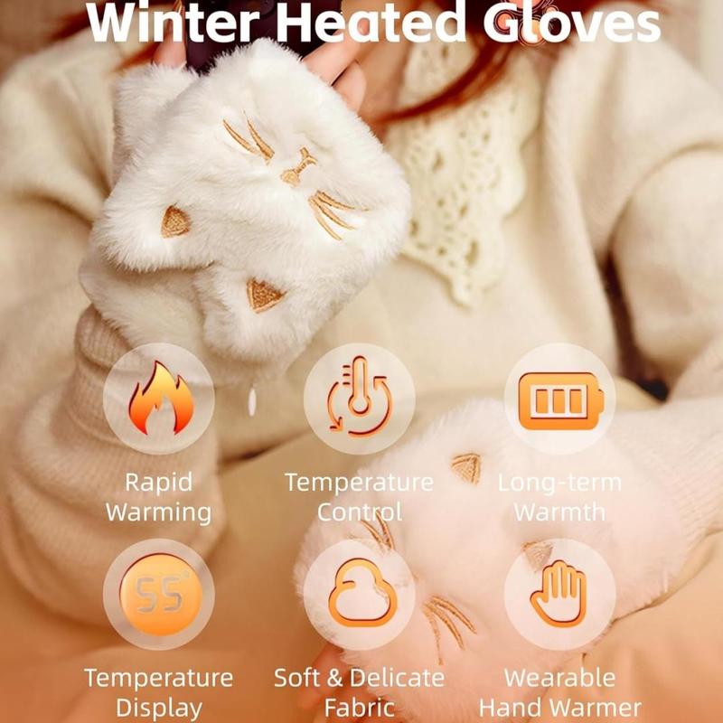 Cute Cat Design Electric Heated Gloves, 2000mAh Battery Fingerless Plush Cat Winter Heating Warming Gloves, Household Gloves for Women Girls