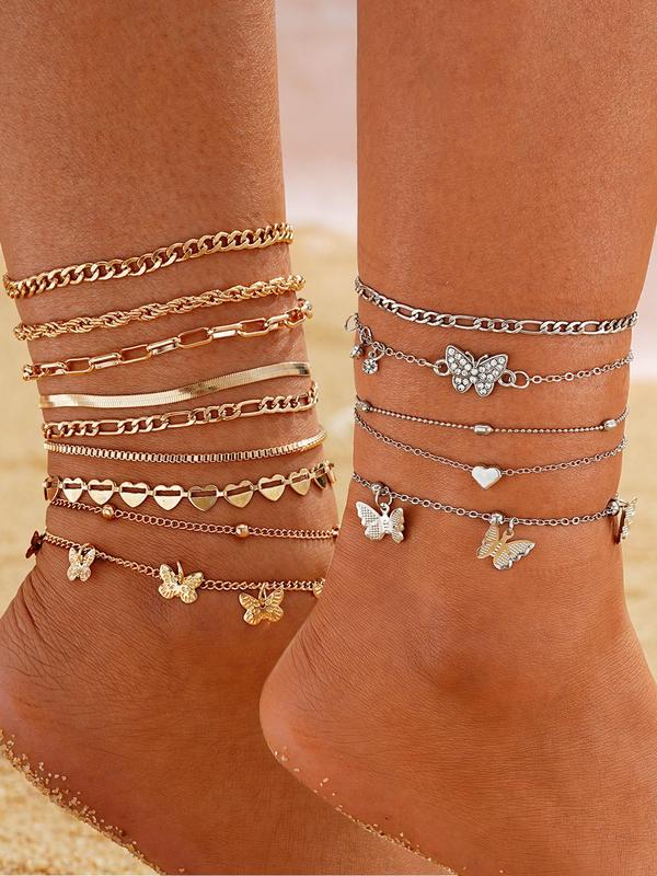 Women's Summer Elegant Anklet Set, Includes Shell & Rhinestone & Butterfly & Heart & Star & Turtle & Beaded Decor, Fashion Jewelry for Party, Daily Clothing Decor, Trendy All-match & Exquisite Jewelry for Birthday Gift