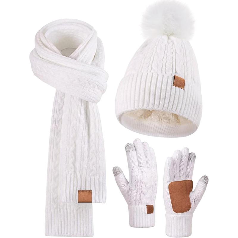 Winter Beanie Hat Scarf Gloves Set for Women, Pom Pom Beanie Fleece Lined Knit Neck Warmer Touchscreen Gloves 3 in 1 Gift Set