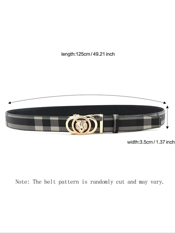 Men's Tiger Head Decor Automatic Buckle Real Designer Belt, Business Casual Plaid Pattern Pu Leather Belt for Work Office, Fashion Waistband for Party, Daily Clothing Decor